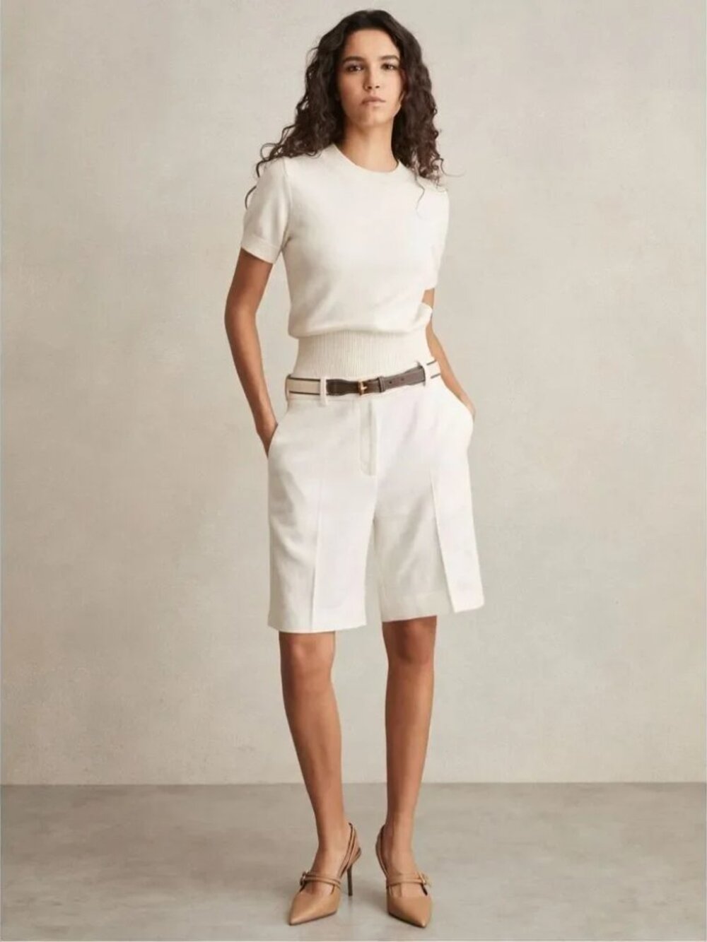 NWT REISS Women's White Devon Linen Blend Flat Front Bermuda Shorts Size 10